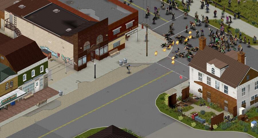 Une horde de zombies remonte la rue principale d'une ville pendant qu'un survivant isolé recule vers le trottoir opposé.