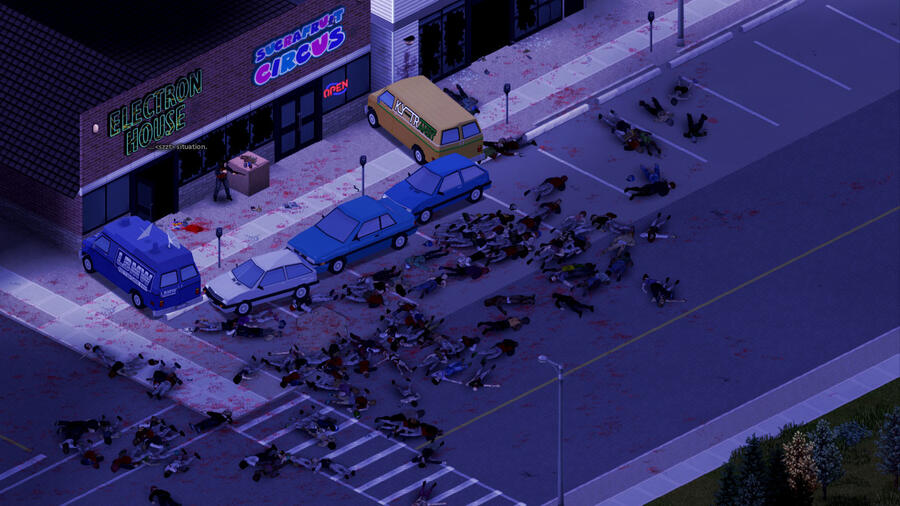 Parking de centre commercial la nuit, jonché de dizaines de zombies abattus après un affrontement.